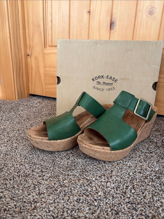 Kork-Ease Shoes - Kork-Ease Green Leather Cork Wedge Slides with Buckle